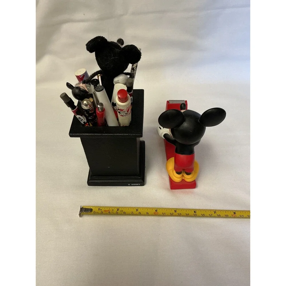 Disney Mickey Mouse Desk Set Tape Dispenser Pencil Cup and Vintage Pens Lot